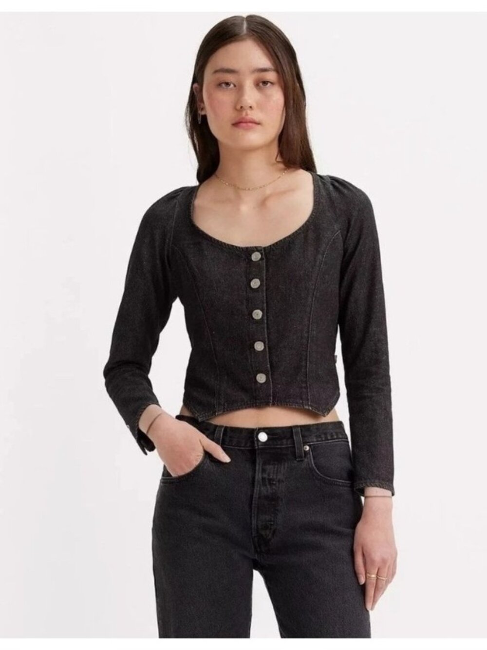 Levi’s Weston Denim Longsleeve Corset Blouse Black Dark Wash Medium